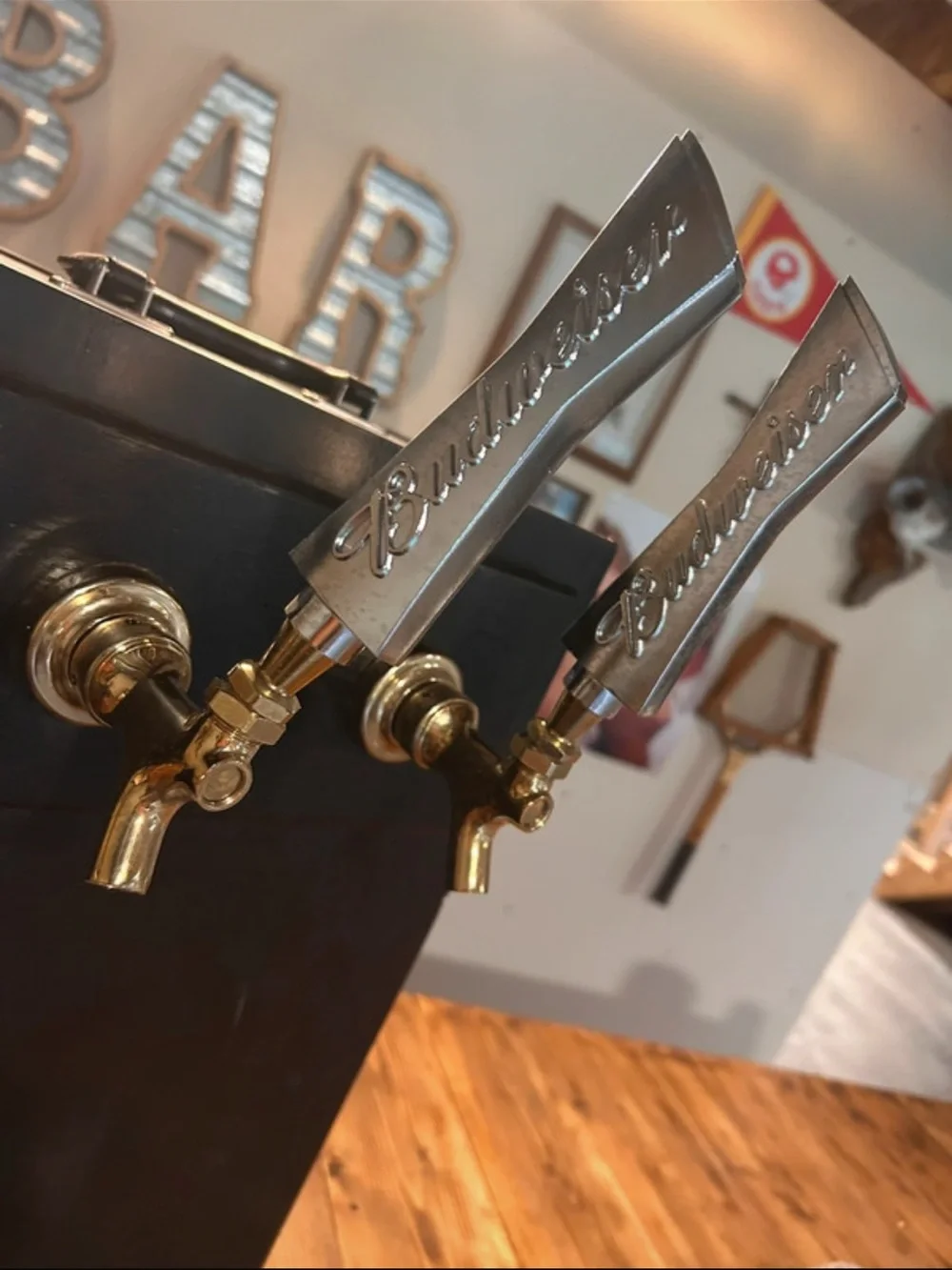 Budweiser Black Dual Tap wooden Kegerator Tower with Silver Handles